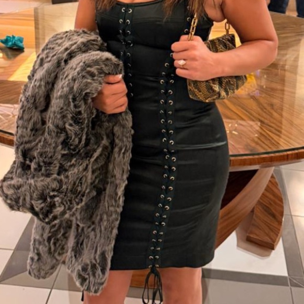 Marciano Dark Green Satin Lace-Up Bustier Dress with chain accents
